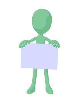 Cute green silhouette guy holding a blank business card on a white background
