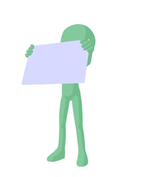 Cute green silhouette guy holding a blank business card on a white background
