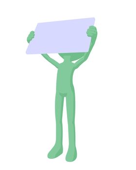 Cute green silhouette guy holding a blank business card on a white background
