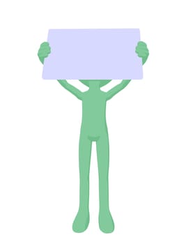 Cute green silhouette guy holding a blank business card on a white background
