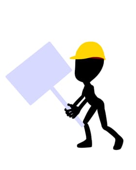 Cute black silhouette construction guy holding a blank sign on a white background
