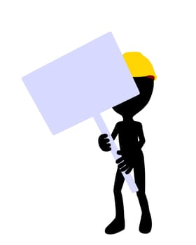 Cute black silhouette construction guy holding a blank sign on a white background
