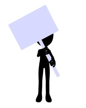 Cute black silhouette construction guy holding a blank sign on a white background
