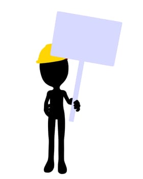 Cute black silhouette construction guy holding a blank sign on a white background
