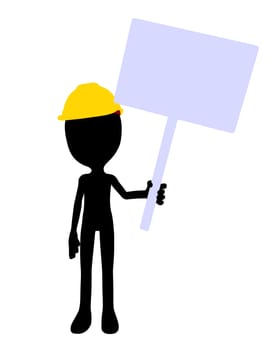 Cute black silhouette construction guy holding a blank sign on a white background
