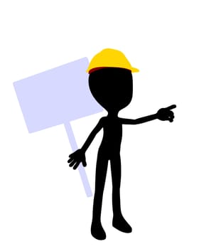 Cute black silhouette construction guy holding a blank sign on a white background
