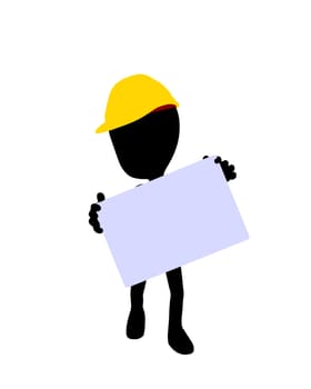 Cute black silhouette construction guy holding a blank business card on a white background
