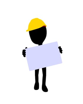 Cute black silhouette construction guy holding a blank business card on a white background
