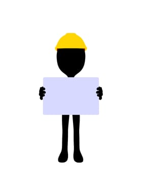 Cute black silhouette construction guy holding a blank business card on a white background
