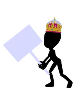Cute black silhouette king guy holding a blank sign on a white background
