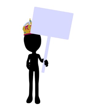Cute black silhouette king guy holding a blank sign on a white background
