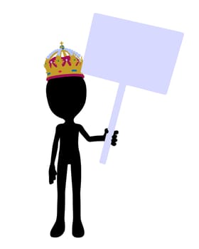 Cute black silhouette king guy holding a blank sign on a white background
