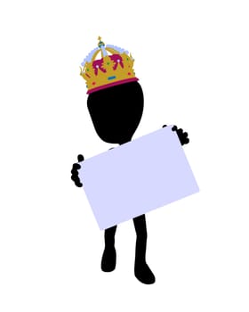 Cute black silhouette king guy holding a blank business card on a white background
