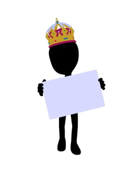Cute black silhouette king guy holding a blank business card on a white background
