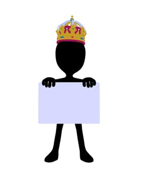 Cute black silhouette king guy holding a blank business card on a white background
