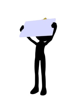 Cute black silhouette king guy holding a blank business card on a white background
