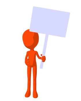 Cute orange silhouette guy holding a blank sign on a white background
