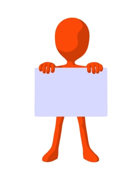 Cute orange silhouette guy holding a blank business card on a white background
