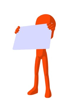 Cute orange silhouette guy holding a blank business card on a white background
