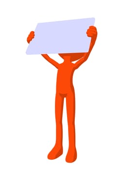 Cute orange silhouette guy holding a blank business card on a white background

