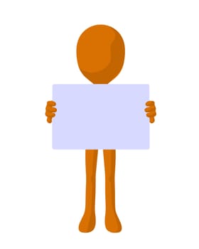 Cute orange silhouette guy holding a blank business card on a white background
