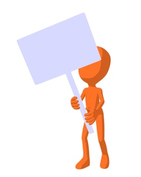Cute orange silhouette guy holding a blank sign on a white background
