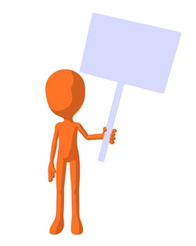 Cute orange silhouette guy holding a blank sign on a white background
