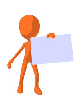 Cute orange silhouette guy holding a blank business card on a white background
