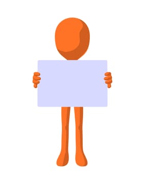 Cute orange silhouette guy holding a blank business card on a white background
