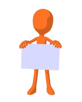 Cute orange silhouette guy holding a blank business card on a white background
