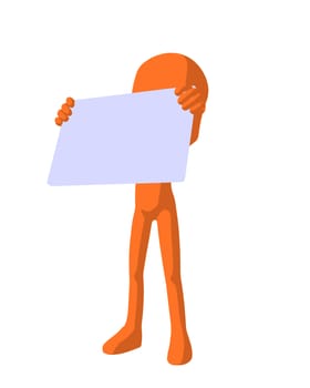 Cute orange silhouette guy holding a blank business card on a white background
