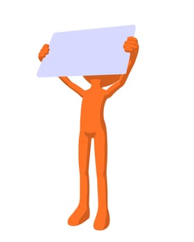 Cute orange silhouette guy holding a blank business card on a white background
