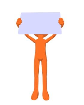 Cute orange silhouette guy holding a blank business card on a white background
