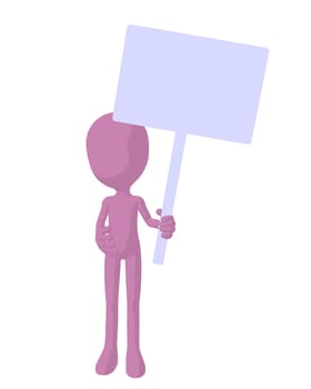 Cute pink silhouette guy holding a blank sign on a white background
