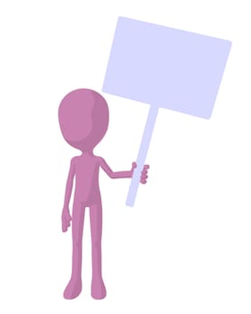 Cute pink silhouette guy holding a blank sign on a white background
