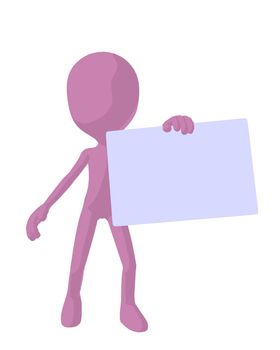 Cute pink silhouette guy holding a blank business card on a white background
