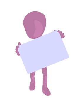 Cute pink silhouette guy holding a blank business card on a white background
