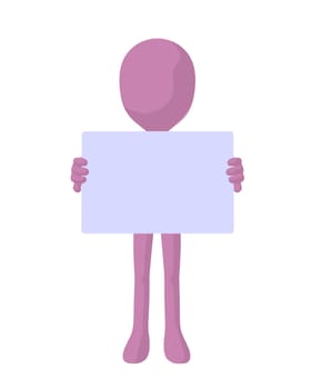 Cute pink silhouette guy holding a blank business card on a white background

