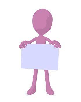 Cute pink silhouette guy holding a blank business card on a white background
