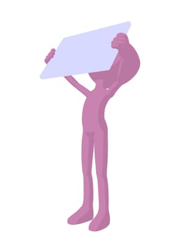 Cute pink silhouette guy holding a blank business card on a white background
