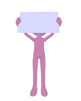 Cute pink silhouette guy holding a blank business card on a white background
