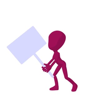 Cute pink silhouette guy holding a blank sign on a white background
