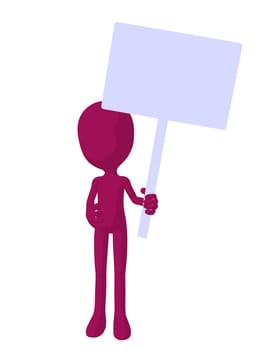 Cute pink silhouette guy holding a blank sign on a white background
