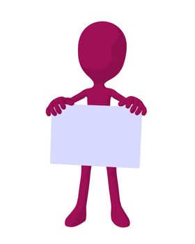 Cute pink silhouette guy holding a blank business card on a white background
