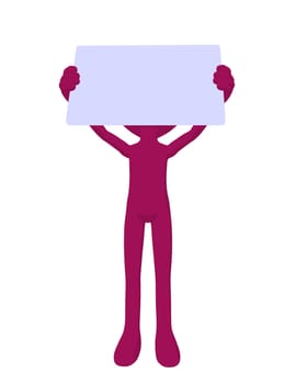 Cute pink silhouette guy holding a blank business card on a white background
