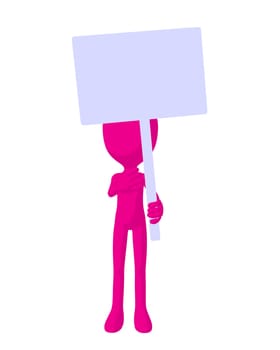 Cute pink silhouette guy holding a blank sign on a white background
