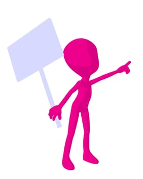 Cute pink silhouette guy holding a blank sign on a white background
