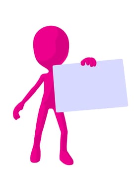 Cute pink silhouette guy holding a blank business card on a white background
