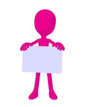 Cute pink silhouette guy holding a blank business card on a white background
