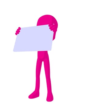 Cute pink silhouette guy holding a blank business card on a white background
